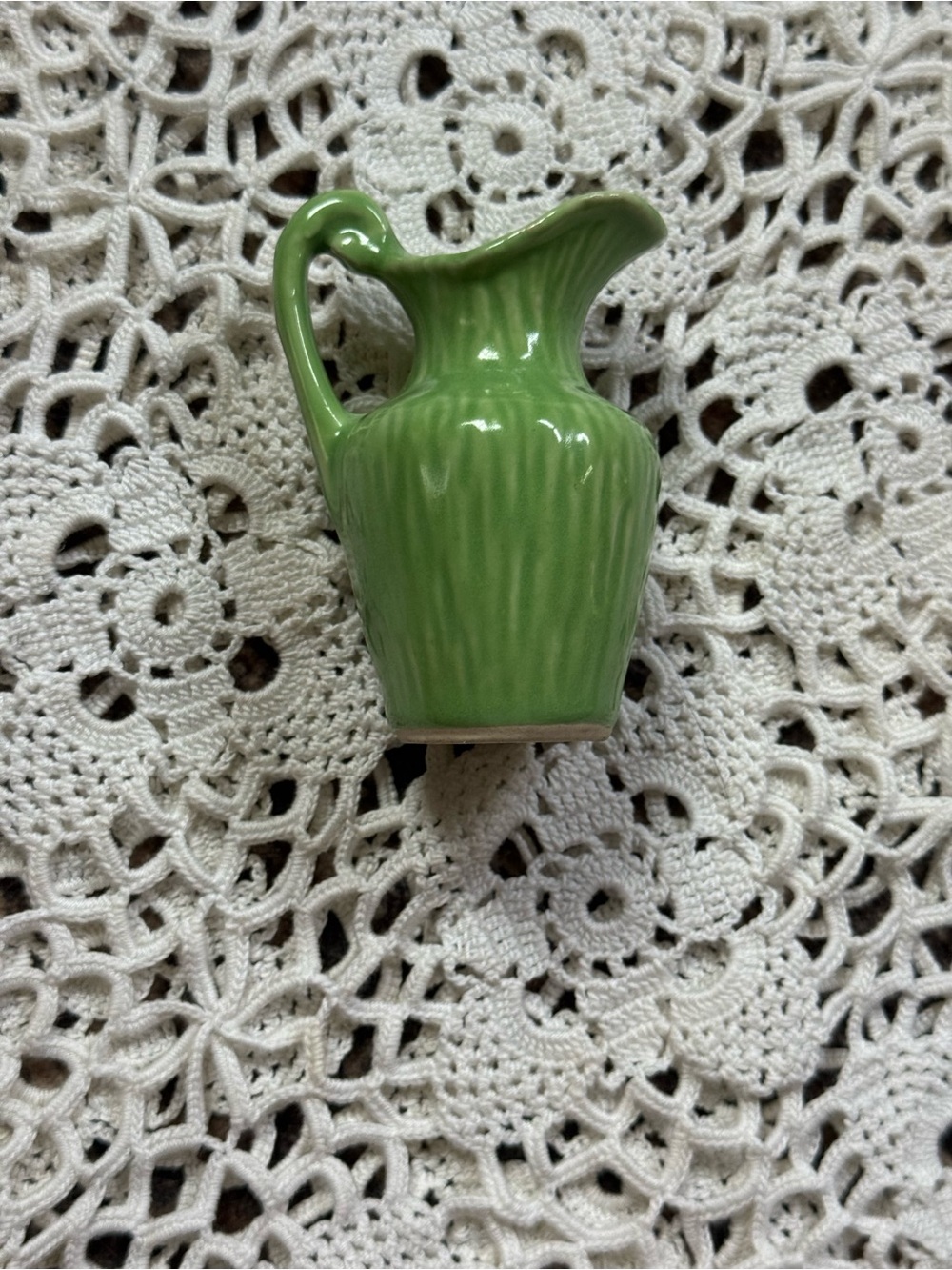 Vintage Mini Green Ceramic Pitcher | Ribbed Bud Vase | Cottage Decor